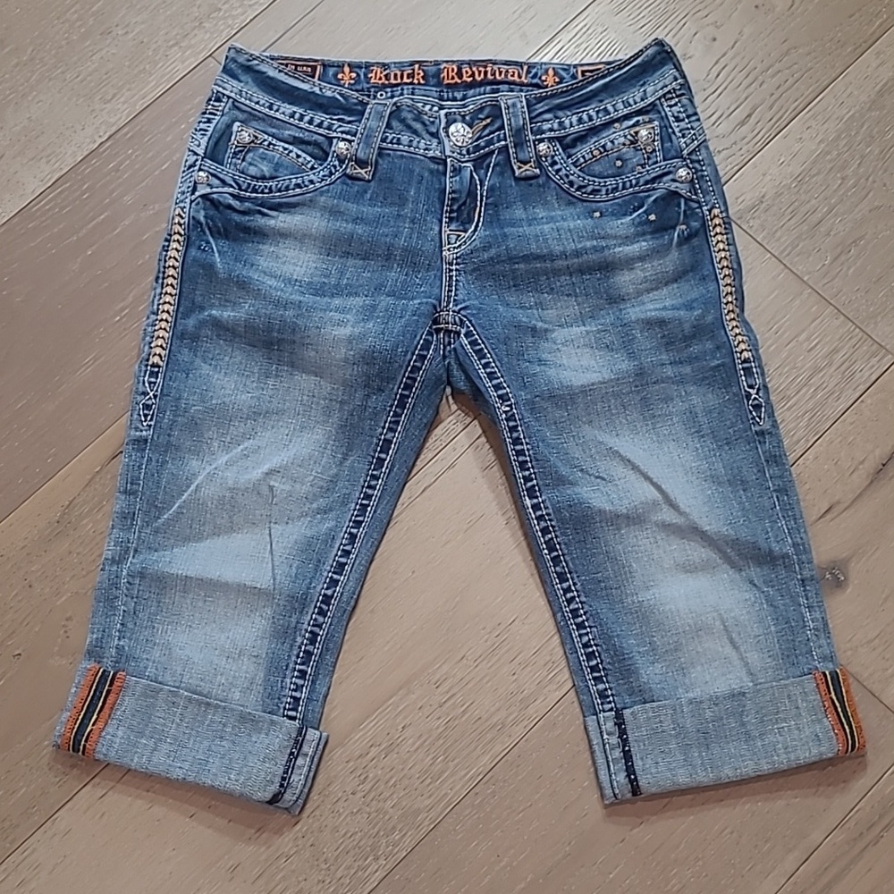 EUC Rock Revival Johanna Capri Denim Pant Women's sz 25 Low Rise Cuffed Leg